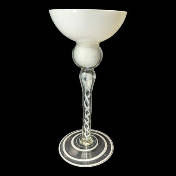 White Art Cased Glass Tall Ball and Cup on Long Stem Candle/Taper Holder 10.75" - Picture 2 of 6